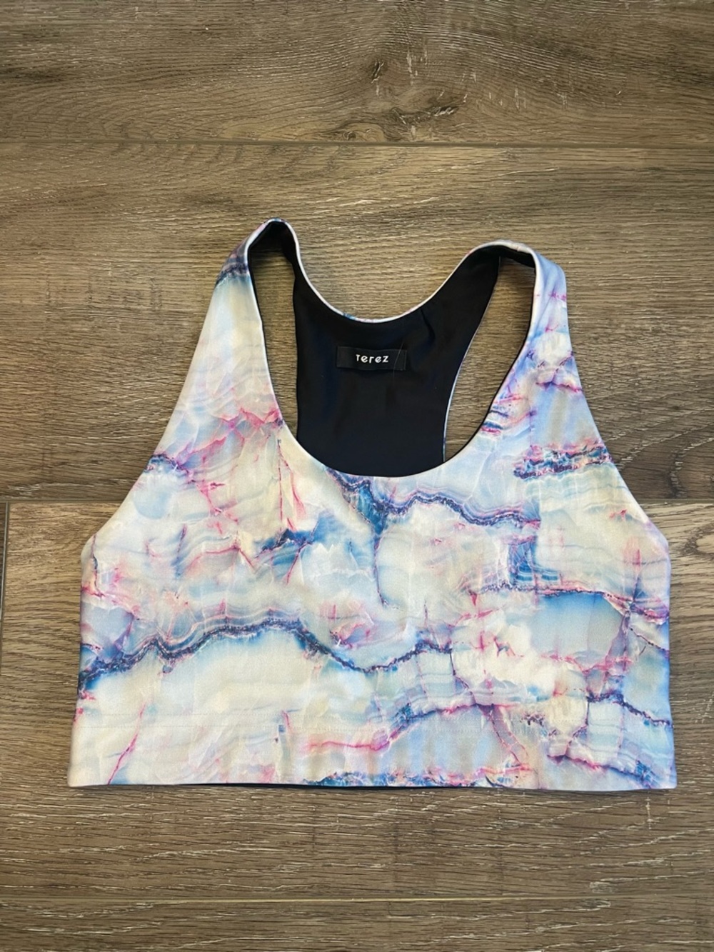 Terez Marble-Effect Racerback Sports Bra in Light Blue, Pink & White worn once M